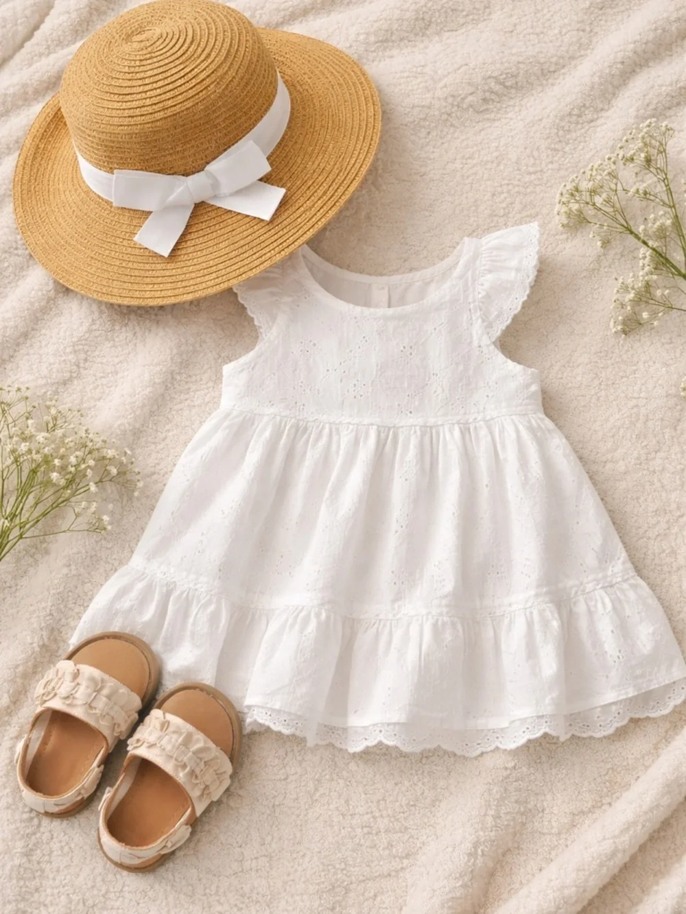 Old Navy Baby Straw Sun Hat 6-12M White Bow Wide Brim Summer Beach Hat